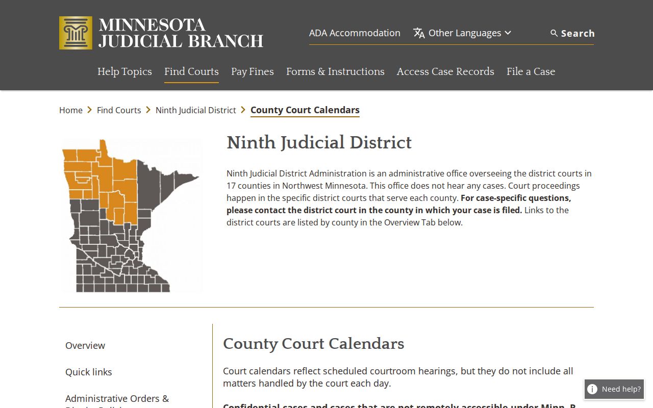 Norman County court calendar interface showing daily posting and update notes