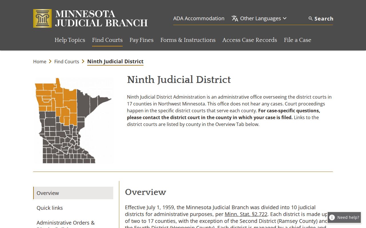 Ninth Judicial District court page covering the Norman County trial court structure