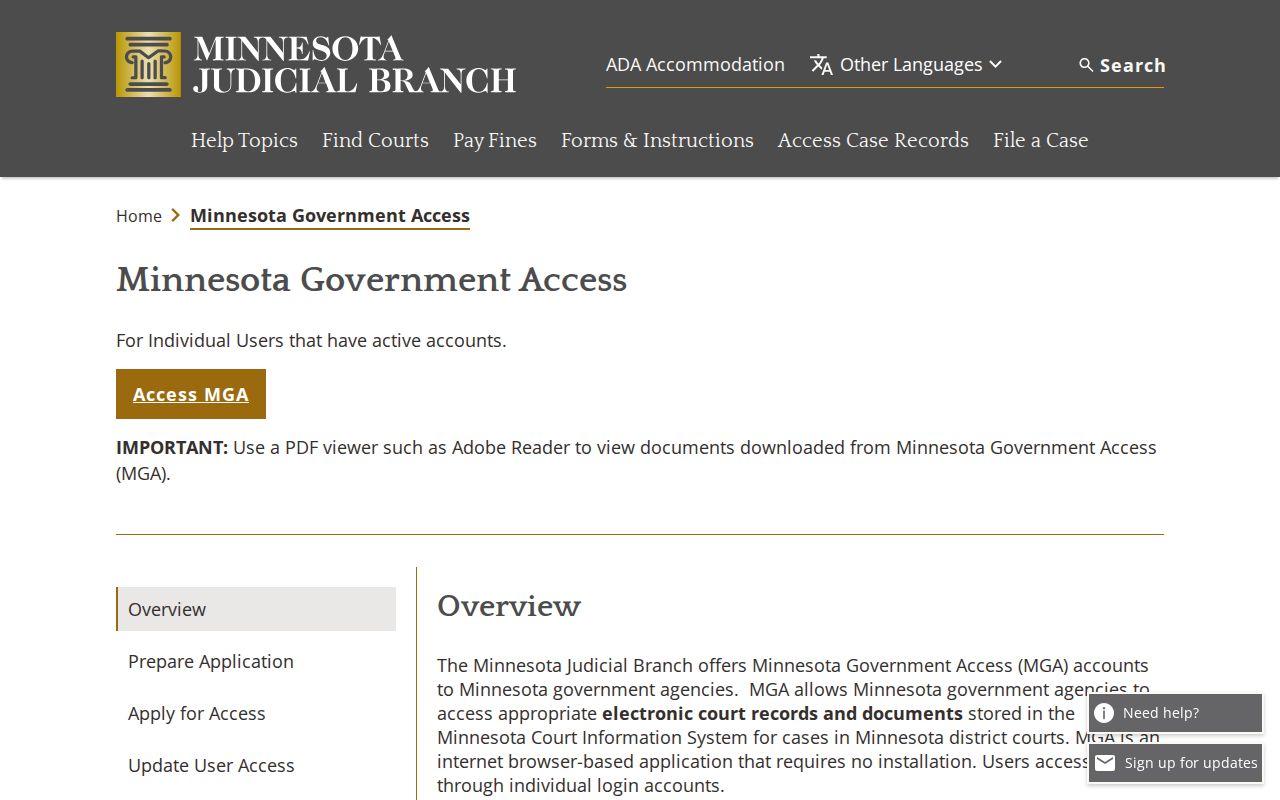 Minnesota government-only court access page explaining that no public all-warrants search exists