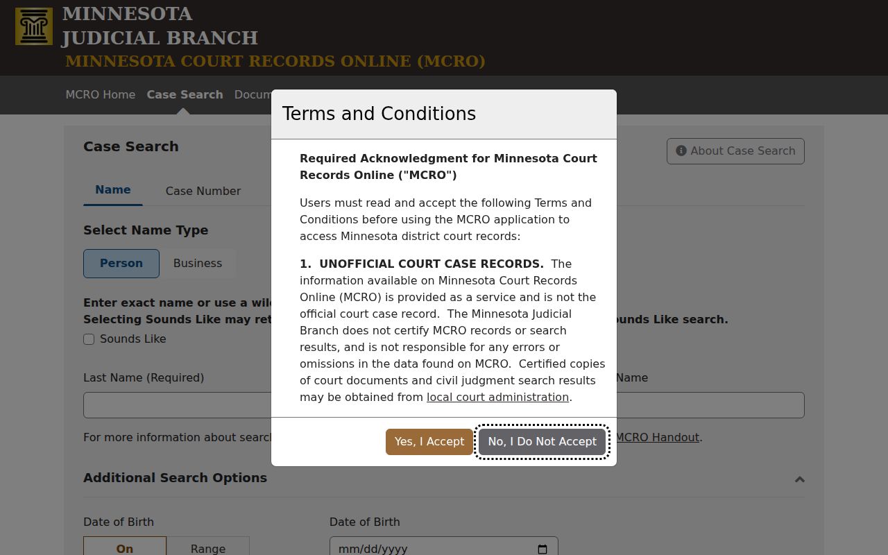 Minnesota Court Records Online case search fields and filters used for a Norman County warrant search