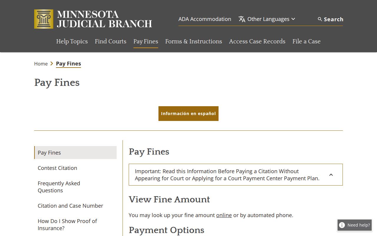 Minnesota court payment page explaining failure to appear and citation payment for Norman County