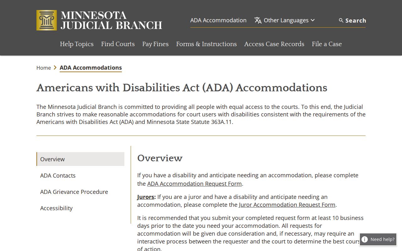 Minnesota Judicial Branch ADA accommodation request page for a Norman County courthouse records visit
