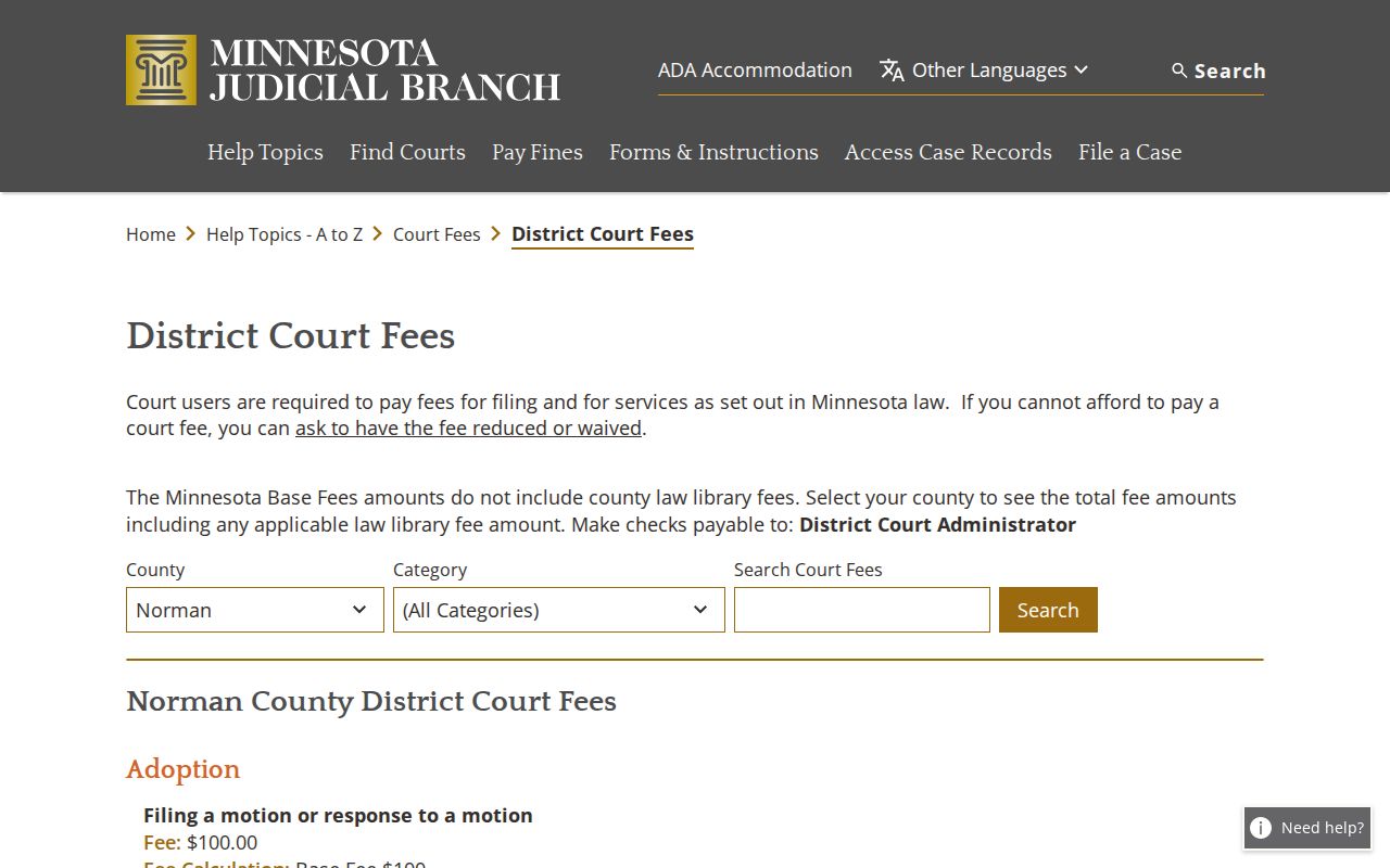 Norman County district court fee table for certified copies and record searches