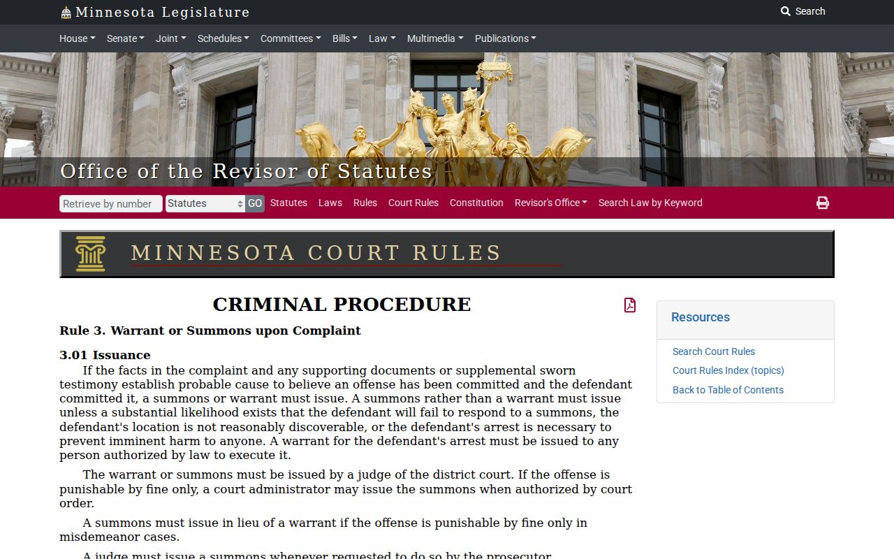 Minnesota criminal procedure Rule 3 text governing warrant issuance in Norman County