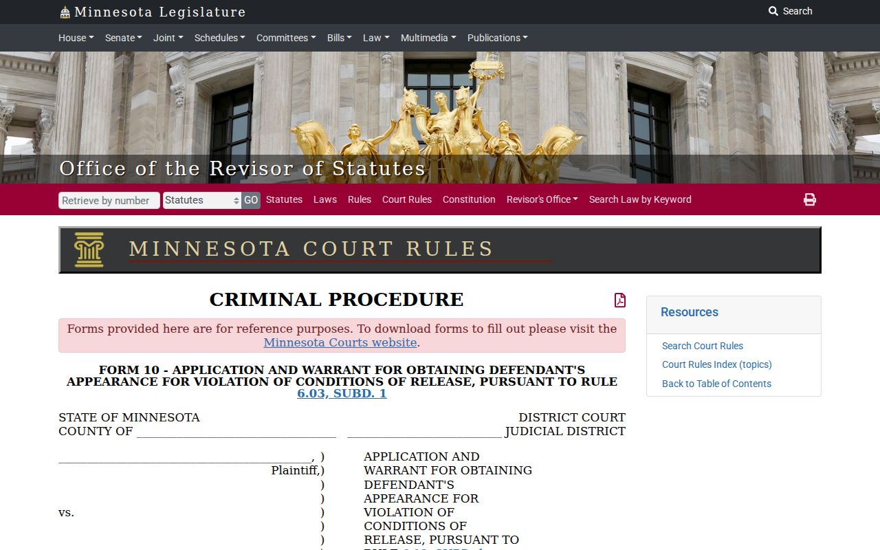 Minnesota Form 10 warrant application for a release-condition violation in Norman County