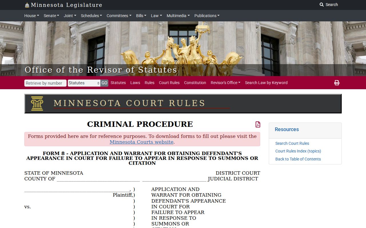 Minnesota Form 8 application and warrant for failure to appear used in Norman County bench warrant cases