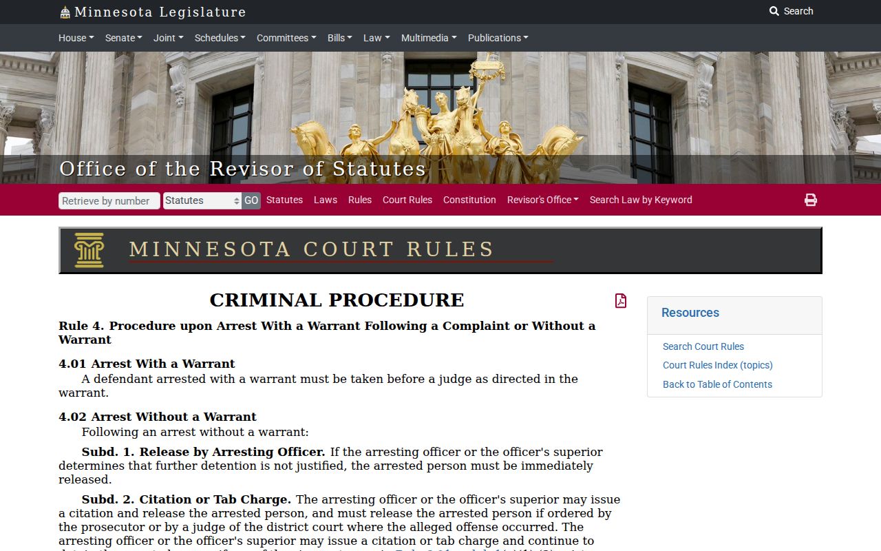 Minnesota criminal procedure Rule 4 text on arrests with and without a warrant