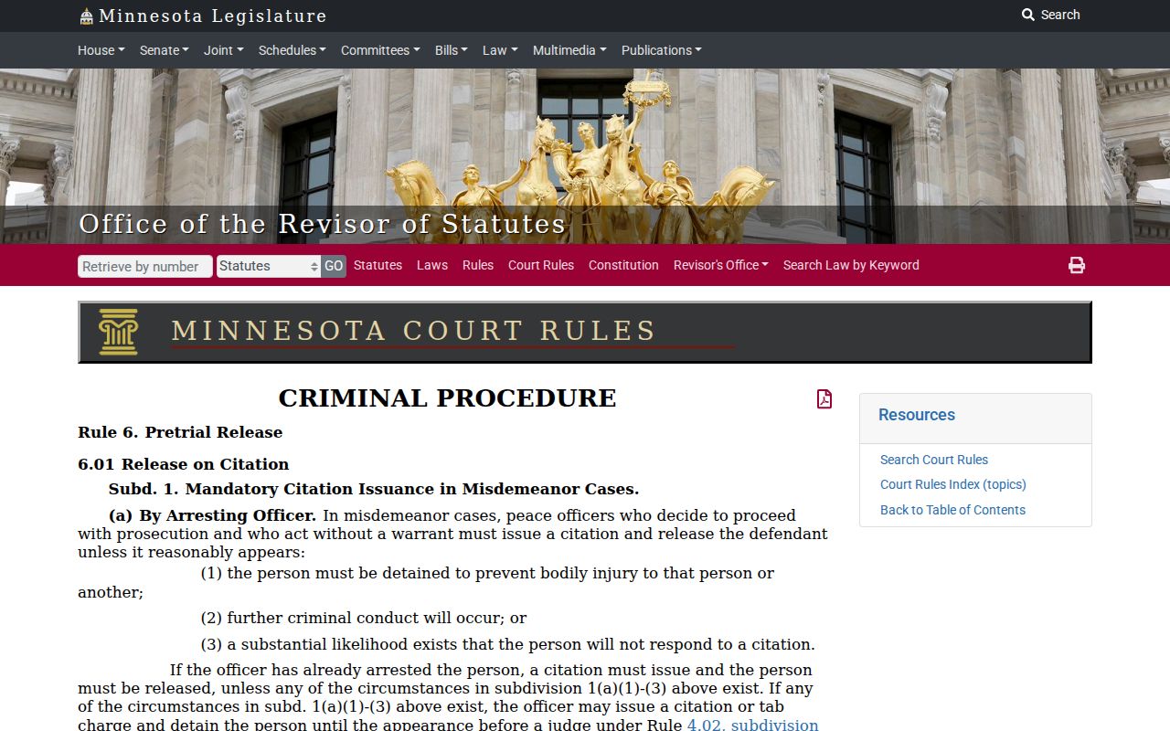 Minnesota criminal procedure Rule 6 text on citation, bail, and release conditions