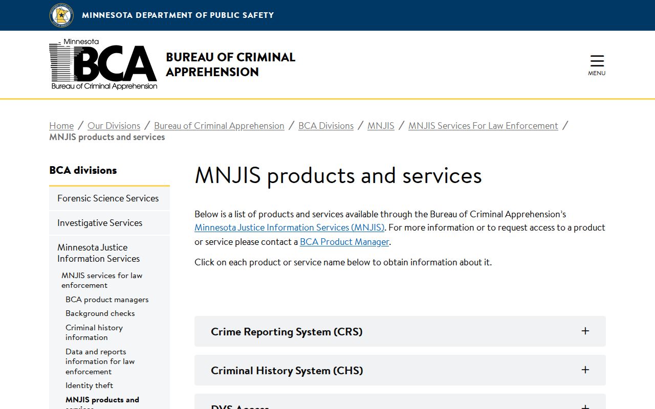 Minnesota BCA restricted data products page showing law enforcement only access