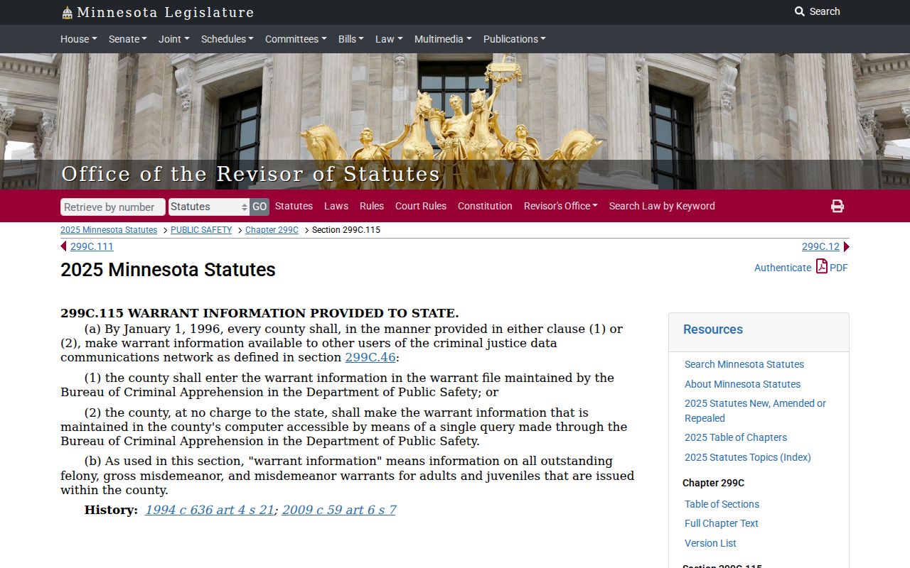 Minnesota statute requiring county warrant information to be available to law enforcement