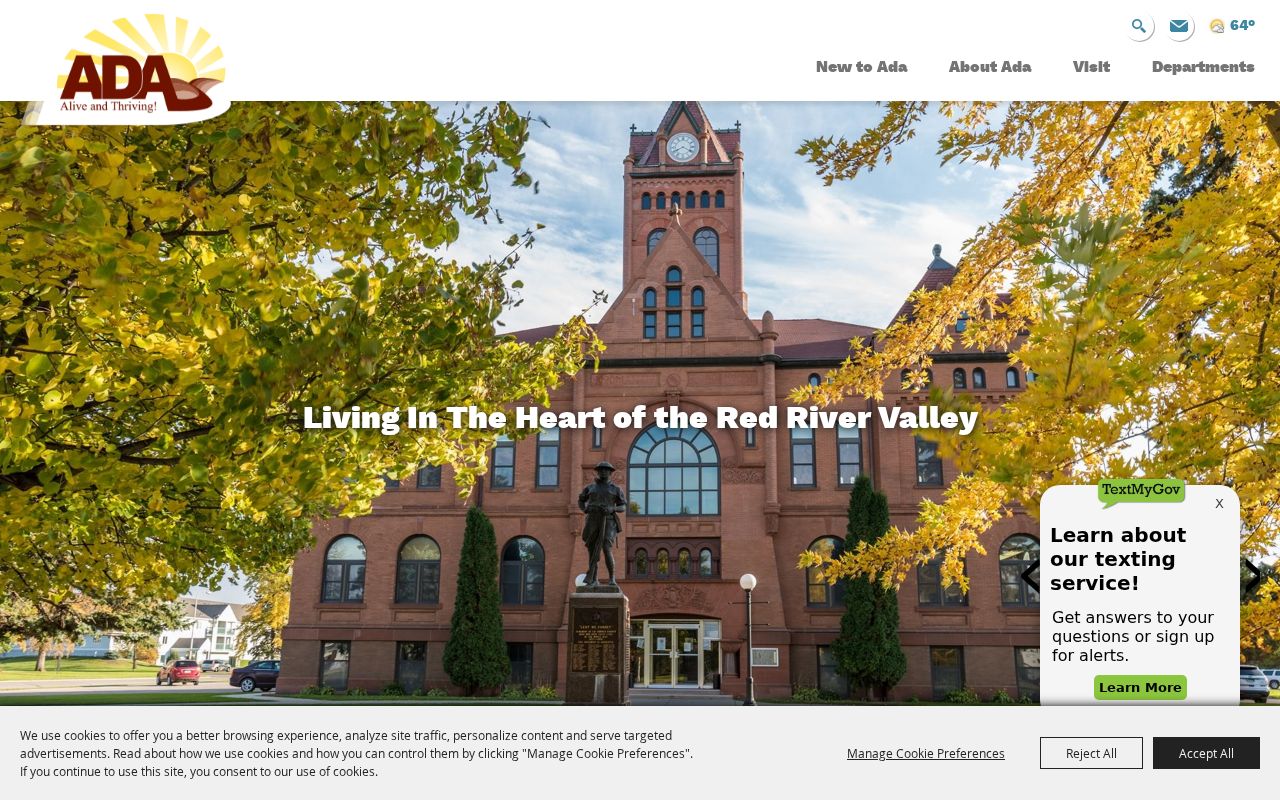 City of Ada municipal homepage showing current city services and contacts