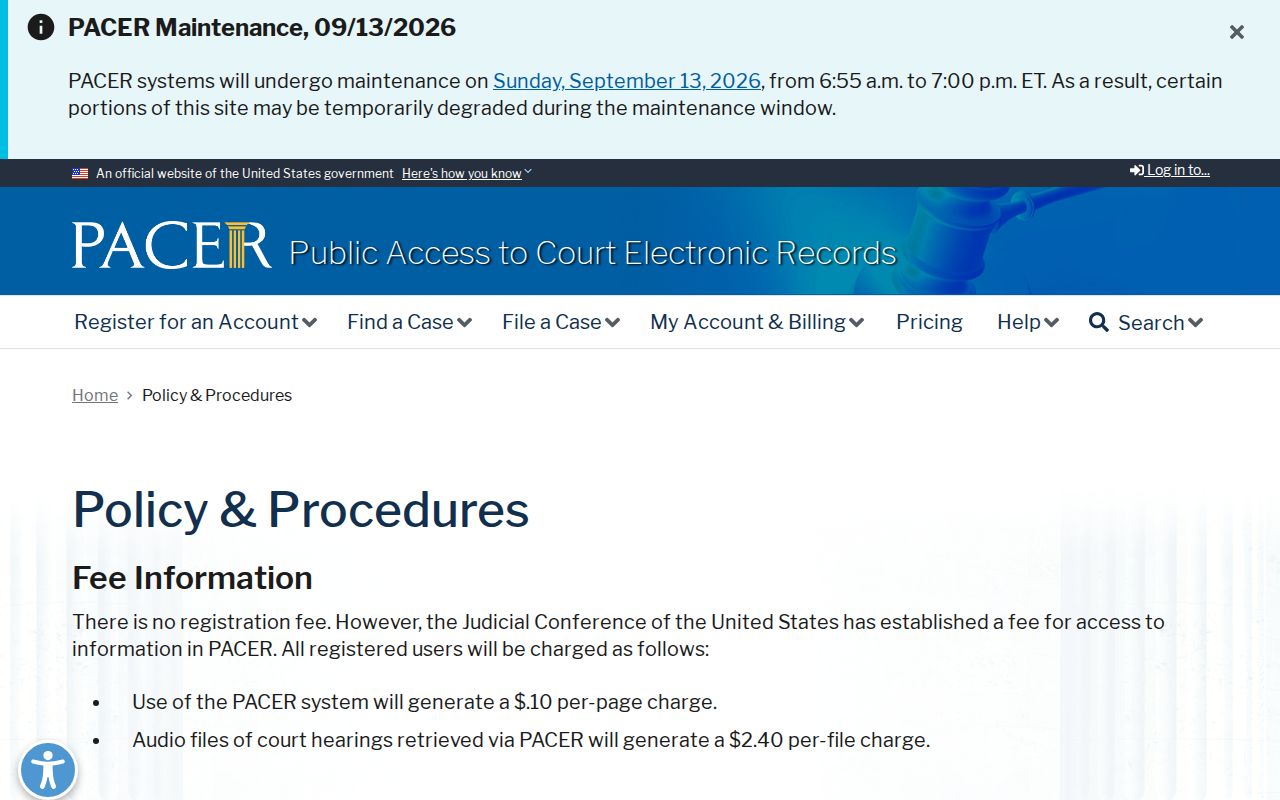 PACER federal court records access page covering federal warrants outside Norman County courts