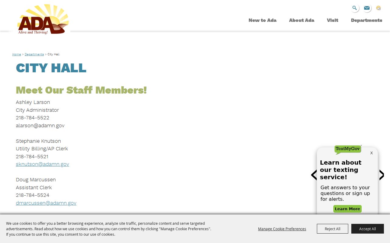 Ada City Hall office directory page showing city department contacts for Ada warrant questions