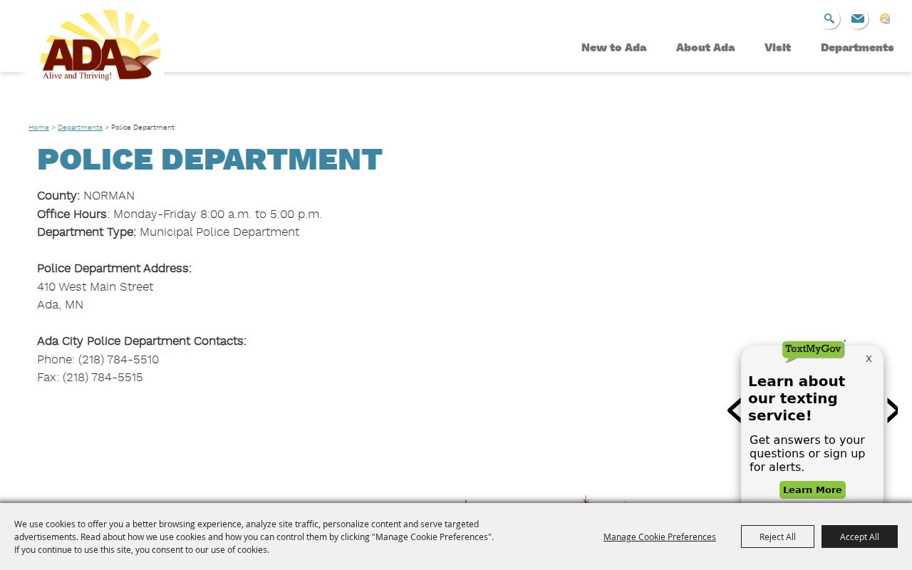 Ada Police Department contact page listing the Ada warrant question phone number and office hours