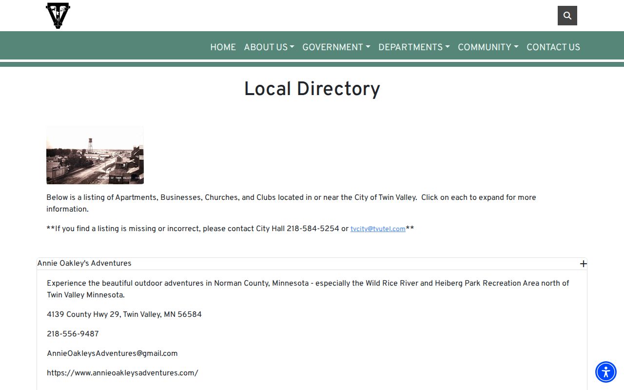 Twin Valley city office directory page listing contacts for Twin Valley warrant questions