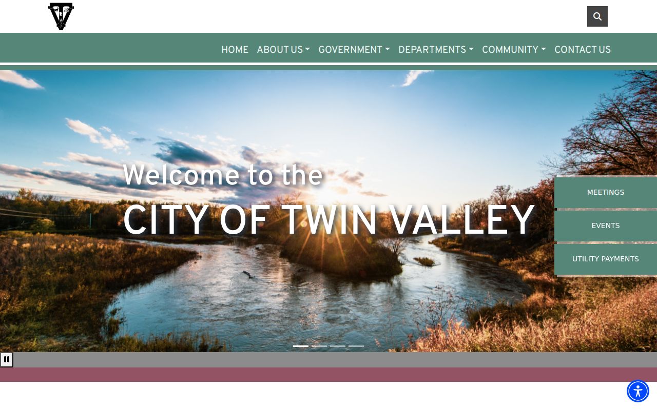 Twin Valley city homepage showing notices and city service links for Twin Valley warrant questions