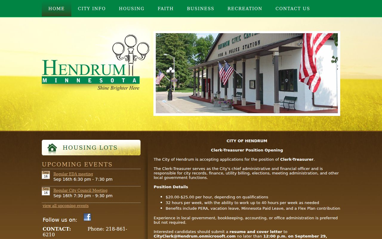 Hendrum municipal homepage showing the small-city setting for Hendrum warrant records
