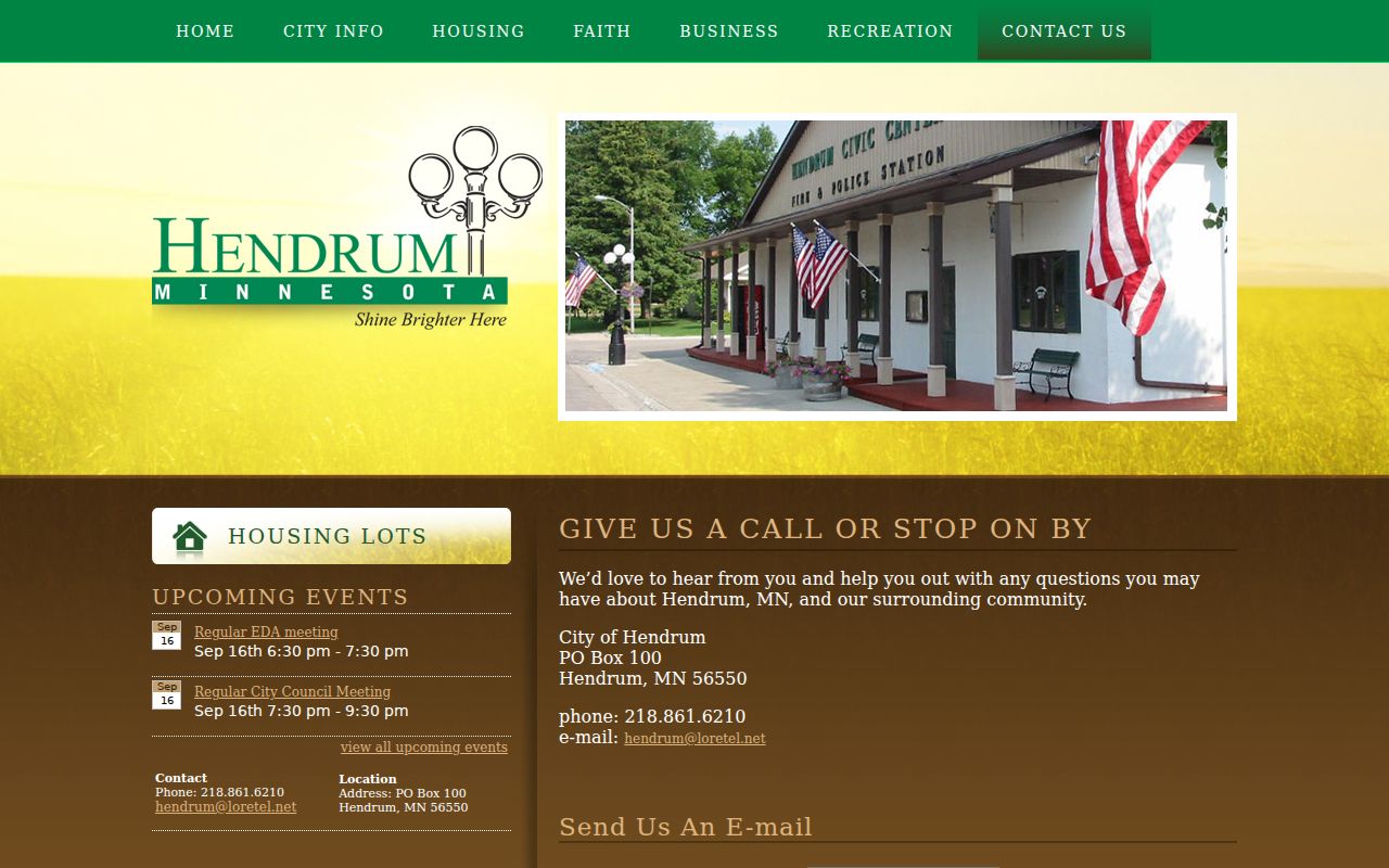 Hendrum city contact page showing office hours and the form used for Hendrum warrant routing questions